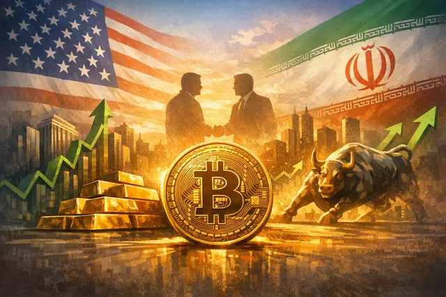 Bitcoin digital coin casting a shadow showing a lagging price chart, positioned next to a rising gold bar and a bullish equity market graph, with a fragile olive branch in the back