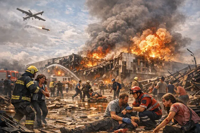 AI-generated editorial illustration of a damaged shopping mall and emergency response after a drone strike in Kryvyi Rih