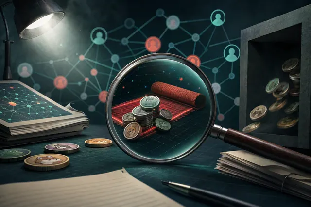 Editorial illustration for an investigation into suspected memecoin schemes and wallet activity on Robinhood Chain