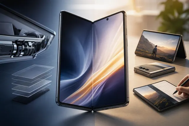 Foldable smartphone opened to reveal inner display with visible center crease
