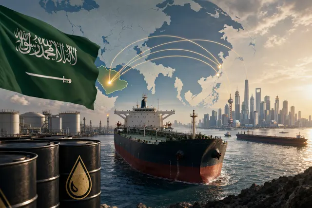 AI-generated editorial illustration representing Saudi crude exports to Asia during disruption around the Strait of Hormuz