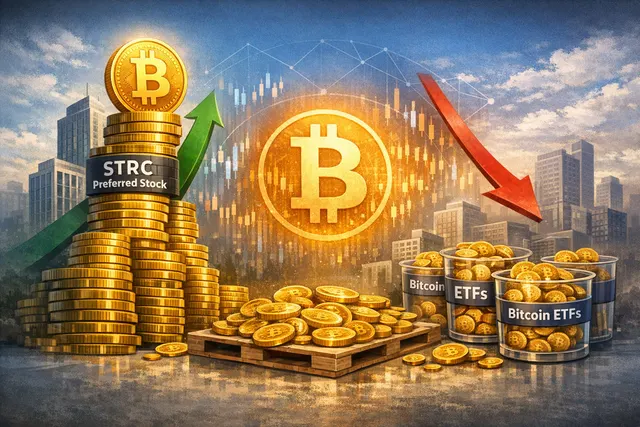 Conceptual illustration representing Strategy's STRC preferred stock as a dominant institutional Bitcoin buying force in 2026