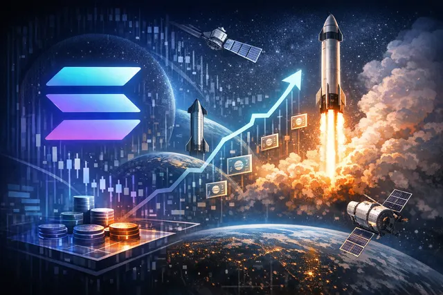 Abstract illustration of a rocket launching from a digital blockchain circuit, symbolizing the historic SPCX tokenized SpaceX stock launch on Solana.