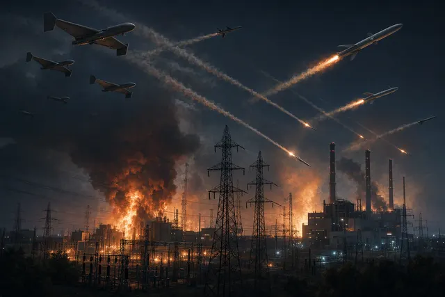 Illustration of drones and missiles approaching Ukrainian energy infrastructure at night