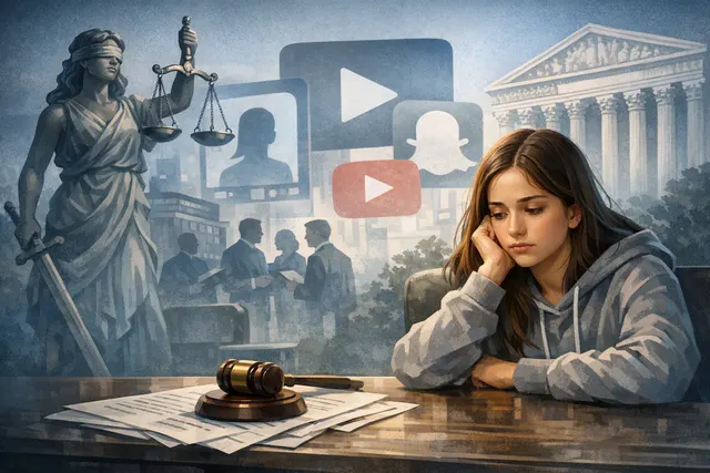 Editorial illustration of a teenager’s social media lawsuit involving major technology platforms