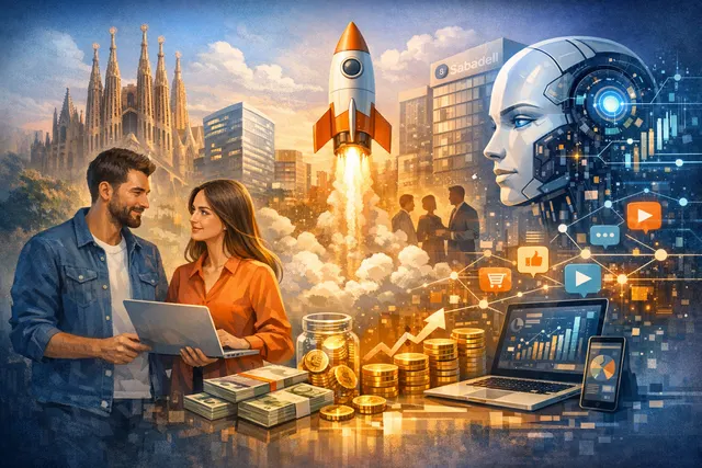 Abstract visualization of an AI-powered advertising network connecting multiple digital channels for small businesses