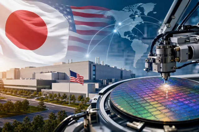 Illustration of a semiconductor manufacturing facility representing the reported Japan-U.S. GlobalFoundries chip-fab talks
