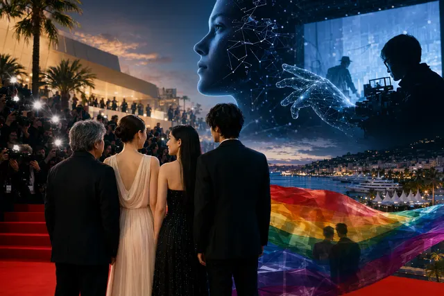 Illustration representing the Cannes Film Festival with film imagery and AI symbolism