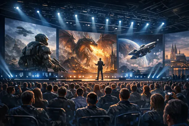 Stylized video game showcase scene representing Gamescom Opening Night Live 2026, with dramatic fantasy, science-fiction, and action-game imagery on stage