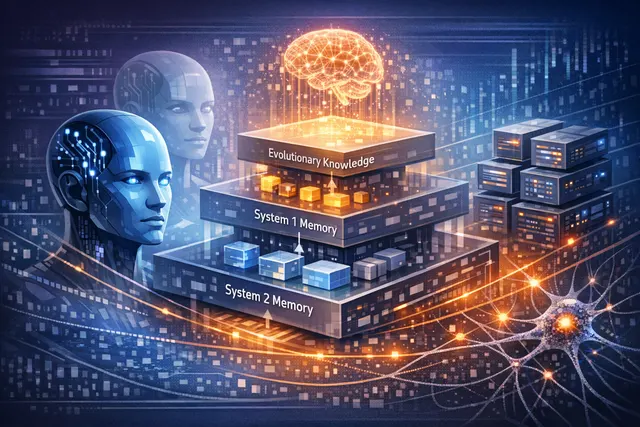Abstract illustration of an AI brain with layered, connected memory pathways symbolizing Tencent's Hy-Memory architecture for AI agents.