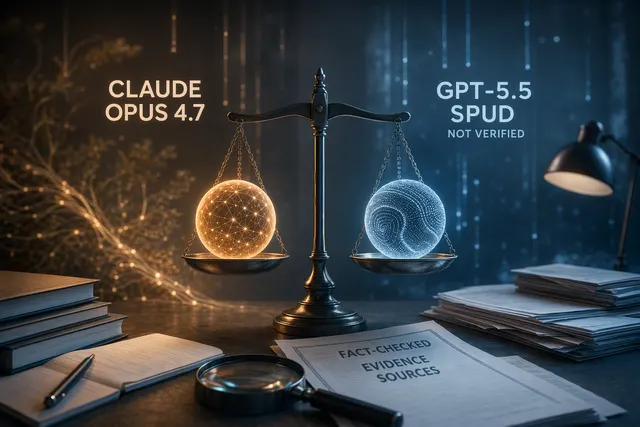 AI-generated editorial illustration of Claude Opus 4.7 and an unverified GPT-5.5 Spud comparison with hallucination evidence