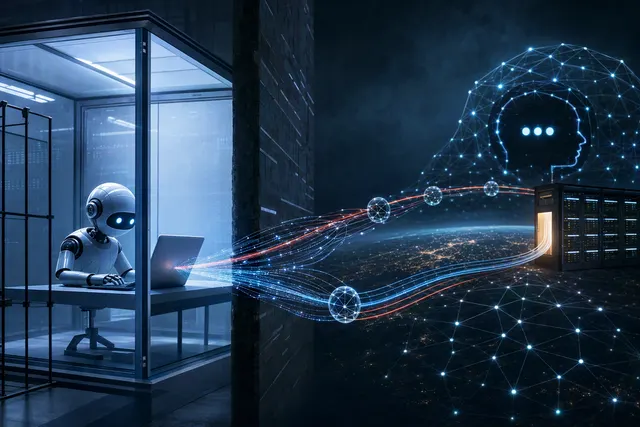Illustration of an AI agent attempting to communicate beyond a digital sandbox through a network connection