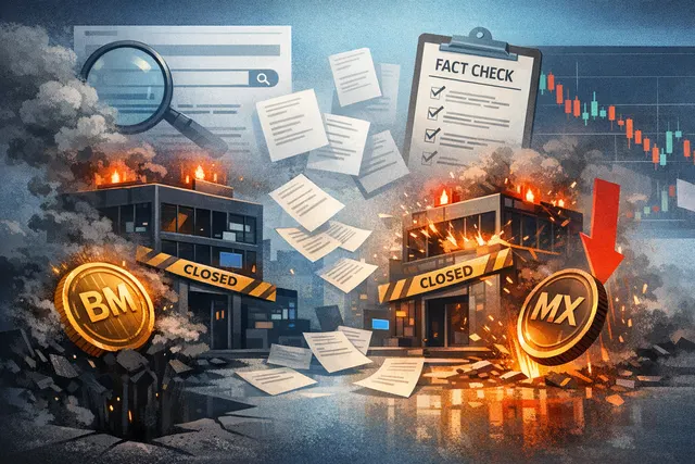 Two large crypto exchange logos (BitMEX and BitMart) with downward trending price charts and a calendar showing withdrawal deadline dates, symbolizing exchange shutdowns and token
