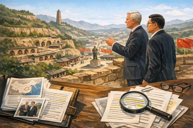 British Ambassador Peter Wilson walking through the historic Yanan Revolutionary Memorial Hall in Shaanxi, China, accompanied by Vice-Minister Lu Kang.