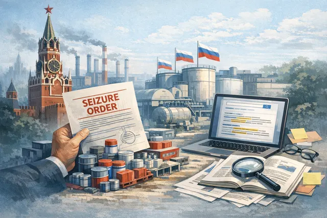 A conceptual image of the Russian flag overlaying a paint factory and legal documents, representing the seizure of Akzo Nobel's assets by presidential decree.