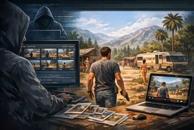 Illustration of the Cyberleek GTA 6 leak controversy, including leaked gameplay screens, a crypto token and legal documents