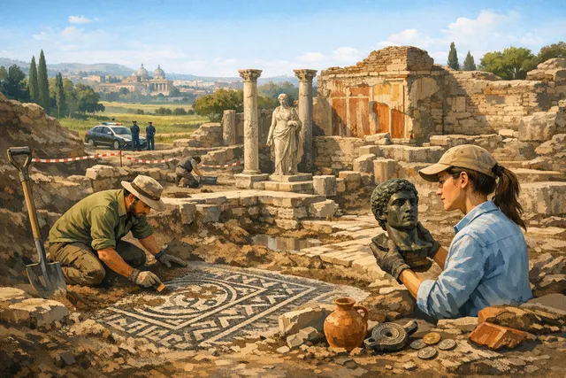 AI-generated illustration of an imperial Roman villa excavation site near Rome, showing mosaic floors and marble statue fragments