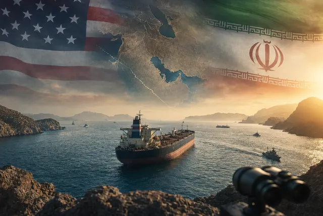 AI-generated illustration of naval tensions near tankers in the Strait of Hormuz