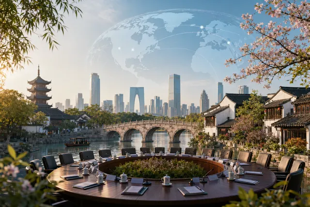 Editorial illustration representing APEC trade ministers meeting in Suzhou discussing regional trade and cooperation