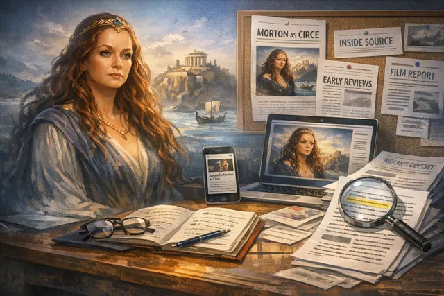 Samantha Morton as Circe in Christopher Nolan's The Odyssey, depicted in a dramatic AI-generated editorial illustration