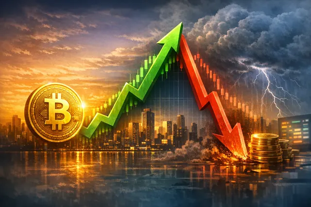 Conceptual illustration of Bitcoin price chart with a sharp spike and reversal, overlaid with symbols of geopolitics and Federal Reserve policy.