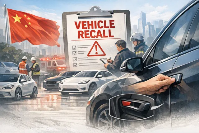 Illustration of an electric vehicle with a concealed door handle and emergency release markings