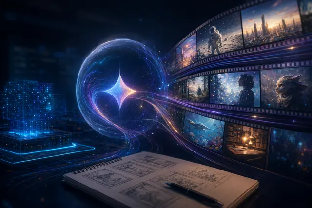Conceptual image of Gemini Omni AI video generation inside a futuristic Google-style interface