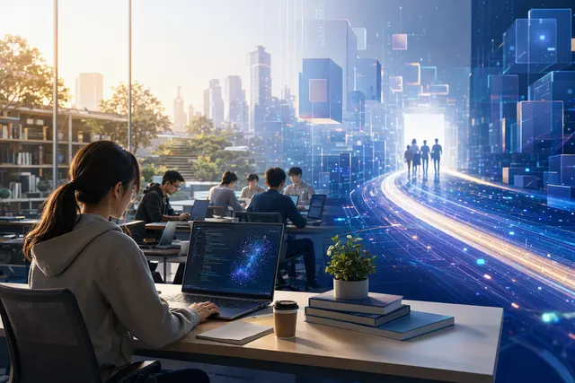 Editorial illustration of an AI developer workflow connecting software tools with computing hardware