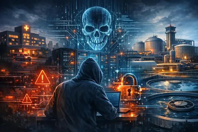 Abstract illustration of artificial intelligence defending interconnected critical infrastructure from cyberattacks