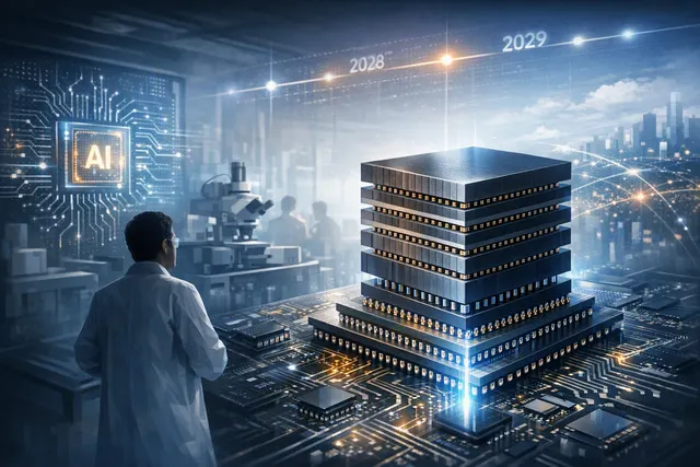 Concept illustration of Samsung zHBM vertically stacking high-bandwidth memory above an AI accelerator
