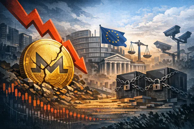 Monero coin under a magnifying glass with a market crash graph in the background.