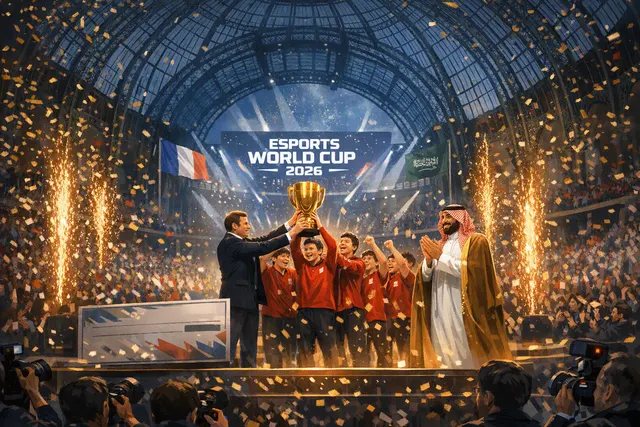 Editorial illustration of the Esports World Cup 2026 closing ceremony in Paris