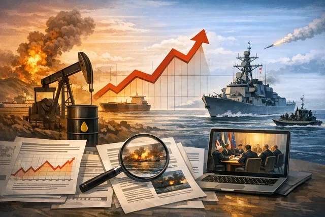 Aerial view of crude oil tankers navigating a narrow strait, with geopolitical tension conceptualized as storm clouds and crosshairs over the waterway.