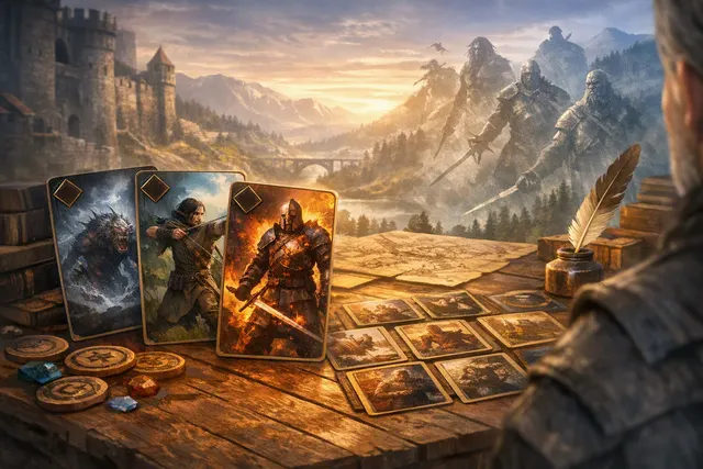 Geralt of Rivia beside a Gwent card table, representing new Gwent content in The Witcher 3: Songs of the Past
