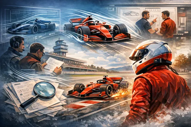 A modern Formula 1 car on a race track, conceptualizing the technical and regulatory changes of the 2026 season.