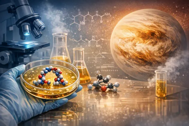 Conceptual illustration of a folded peptide surrounded by sulfuric-acid molecules in Venus-like clouds