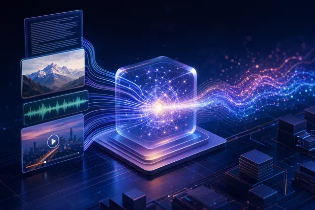 Editorial illustration representing Alibaba Qwen3.8-Omni-Flash multimodal AI processing text, images, audio and video