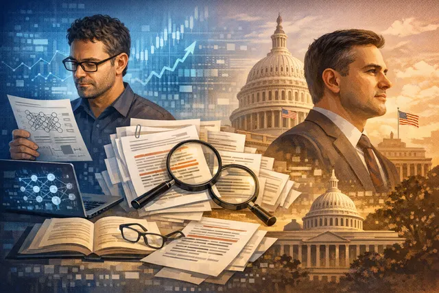OpenAI logo with abstract AI network and policy document illustration