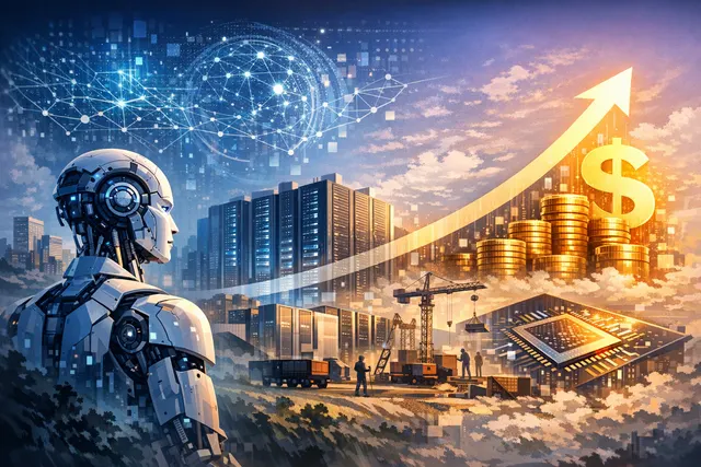 Editorial illustration of a fractured AI investment landscape with a bearish market symbol emerging from a microchip, representing Goldman Sachs' view that the 'buy everything' AI