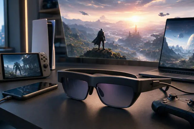 Illustration of a player using XR gaming glasses with a handheld gaming device