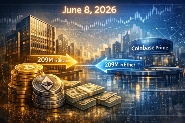 Graphic representation of a large institutional crypto transfer from a BlackRock-branded vault to a Coinbase Prime icon, symbolizing operational ETF settlement flows.