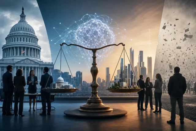 AI-generated editorial illustration accompanying a debate about frontier AI safety and development speed