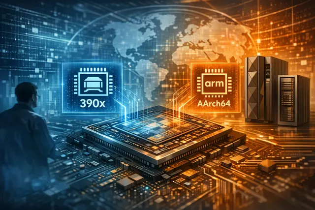 Conceptual illustration of IBM’s future 2nm dual-architecture mainframe processor running Arm and z/Architecture workloads
