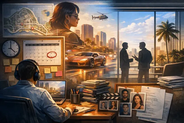 Stylized editorial illustration representing Grand Theft Auto VI anticipation, gaming culture, and workers planning around the November 19, 2026 release
