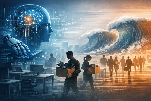 Illustration of Meta’s Project OT AI restructuring plan, showing AI systems replacing human work inside a corporate organization