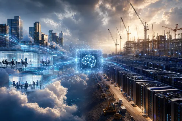 AI-generated illustration of cloud infrastructure and financial charts representing Big Tech’s AI profitability debate
