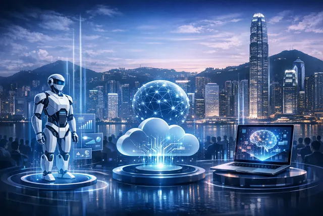 Illustration of Tencent's global enterprise AI launch with WorkBuddy, Design Miora, and TokenHub products displayed in a futuristic Hong Kong skyline setting