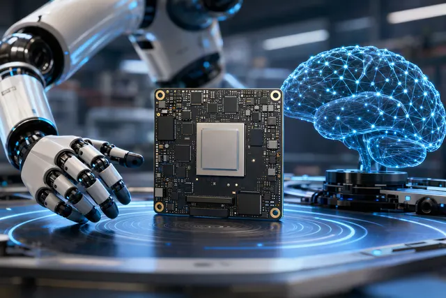 Editorial illustration of a compact robot motion-control board connected to a humanoid robot