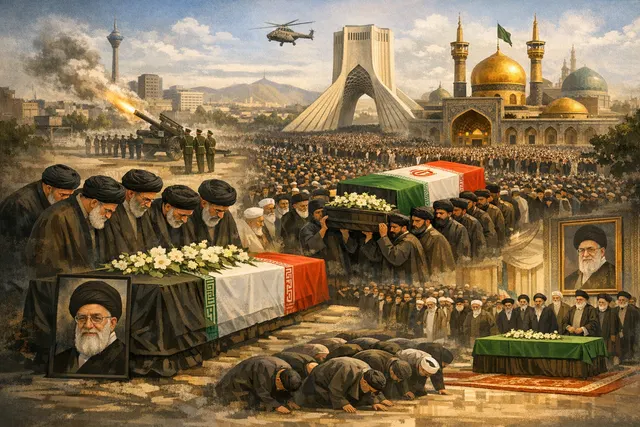Mourners gathering in Tehran during the state funeral of Ayatollah Ali Khamenei, July 2026