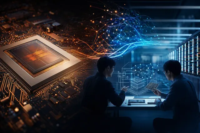 Illustration of AI processors representing DeepSeek and Huawei’s reported chip-design collaboration